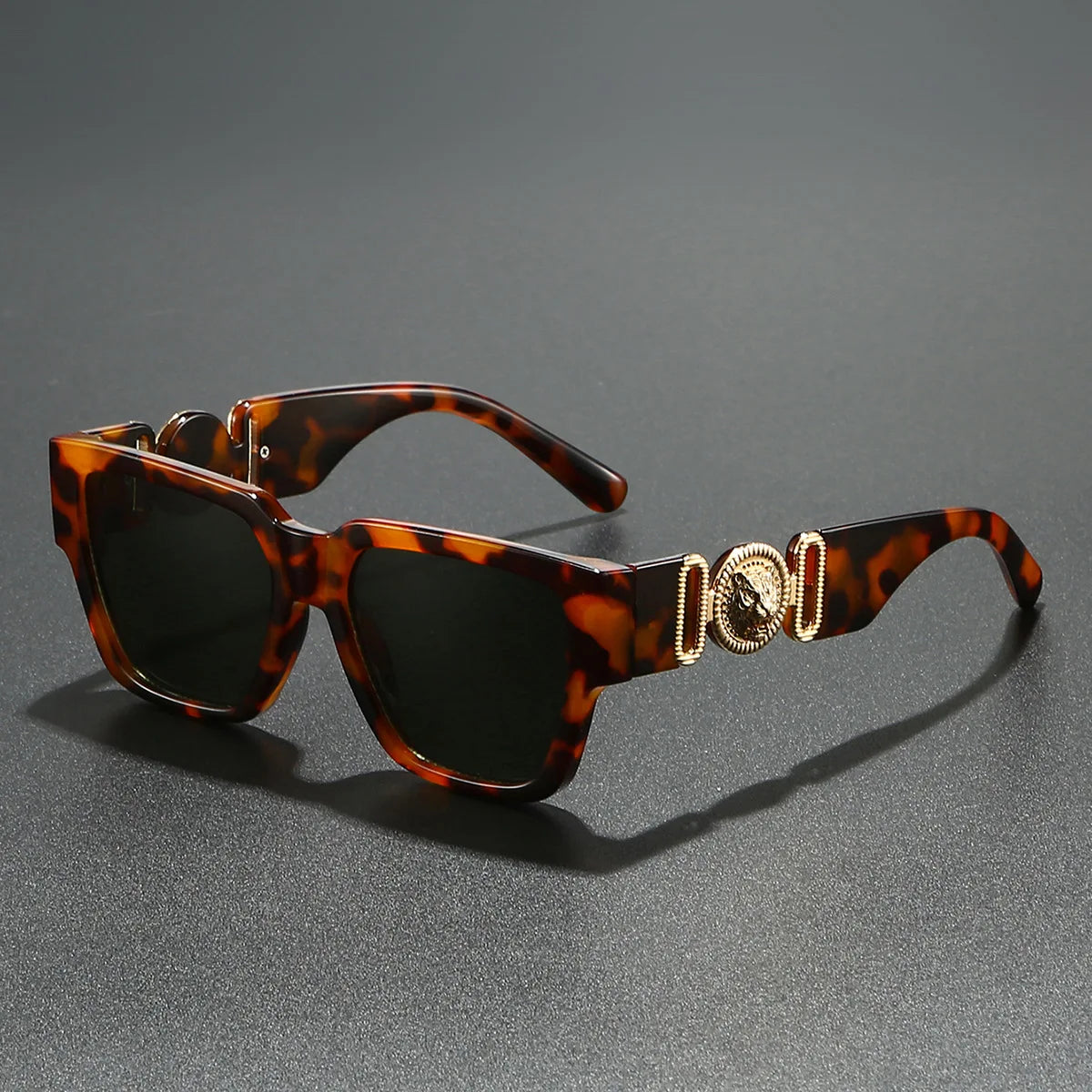 Square Polycarbonate Sunglasses Gold-Tone Lion Motif — Black | KIMLUD