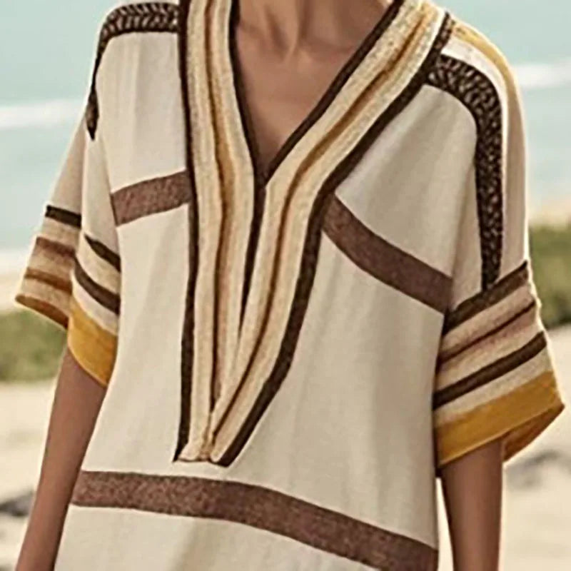 Spring Casual V Neck Holiday Dress Mujer Woman Summer Short Sleeve Loose Boho Dress 2025 New Retro Striped Print Commute Dresses