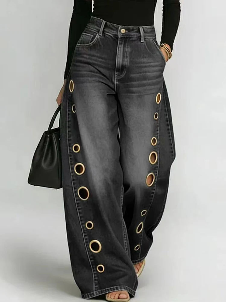 Elegant Fashion Patchwork Chic Trousers Women Spring Summer Hollow Out Wide Leg Pants 2026 Casual Lady High Waist Pants Femme