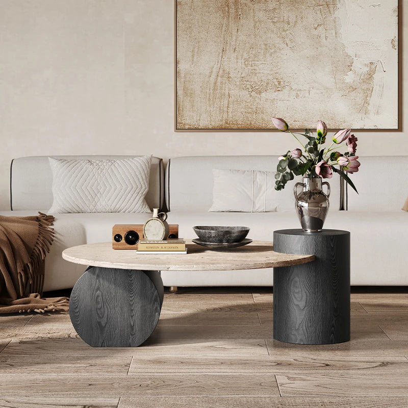 Nordic Minimalist Travertine Side Table Round Top With Solid Wood Pedestal — Beige | KIMLUD