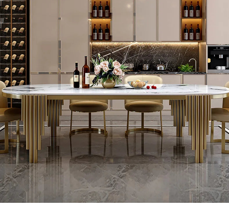 Stainless Steel Dining Set With Marble Table And Cream Upholstered Chairs — White | KIMLUD