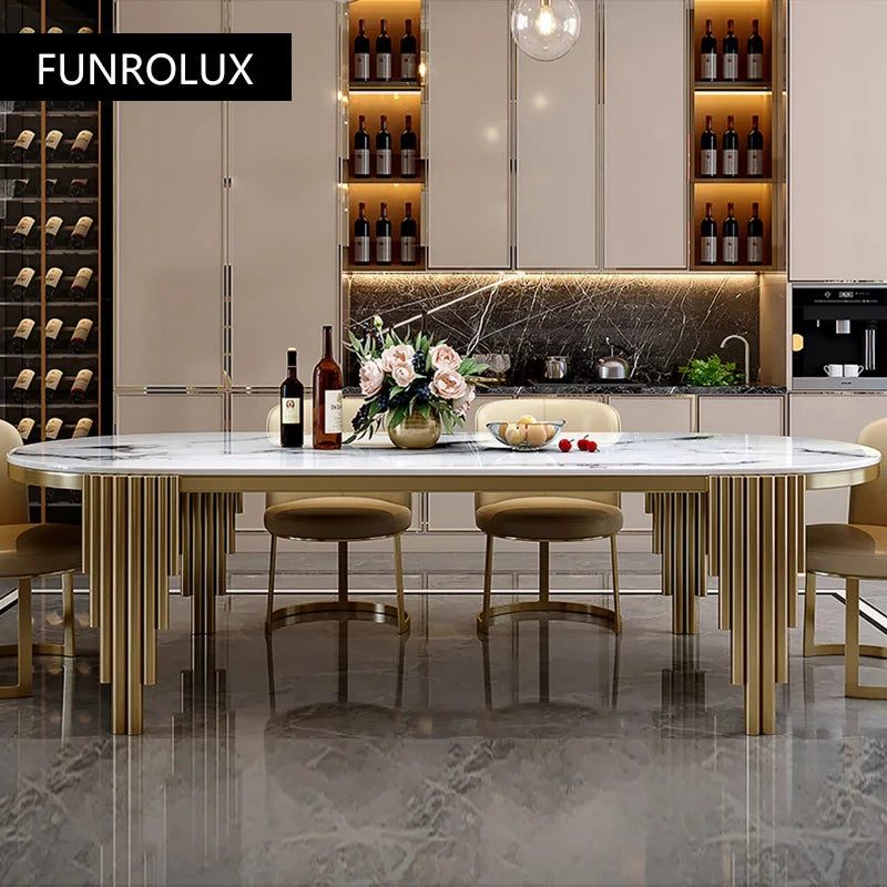 Stainless Steel Dining Set With Marble Table And Cream Upholstered Chairs — White | KIMLUD