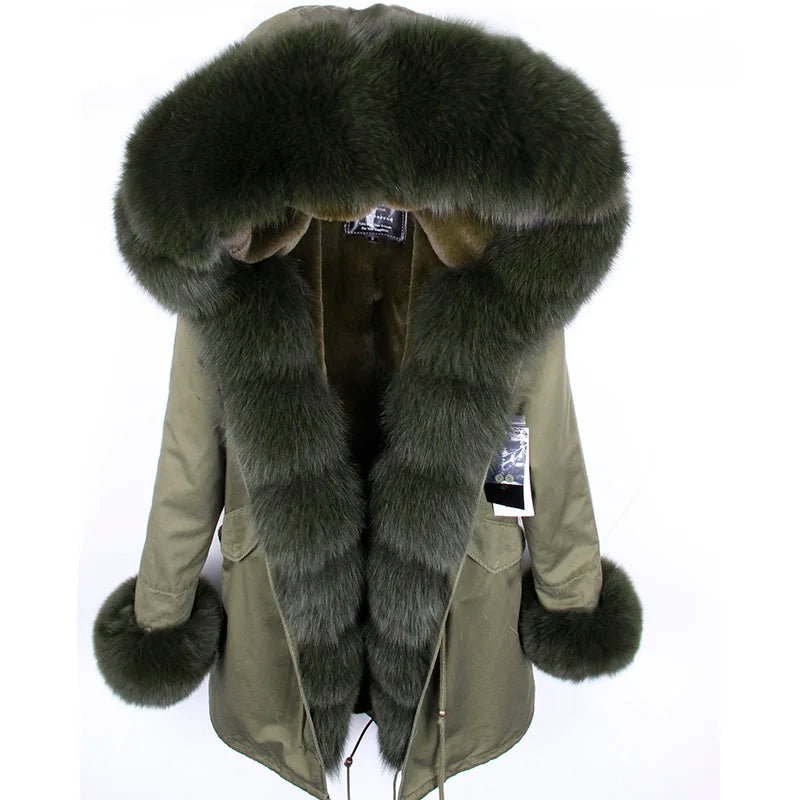 MAOMAOKONG 2024 Winter Women Coat Natural Fox Fur Collar Cuff Black Jackets Outwear Thick Luxury Real Fur Parka Women's Fur Coat