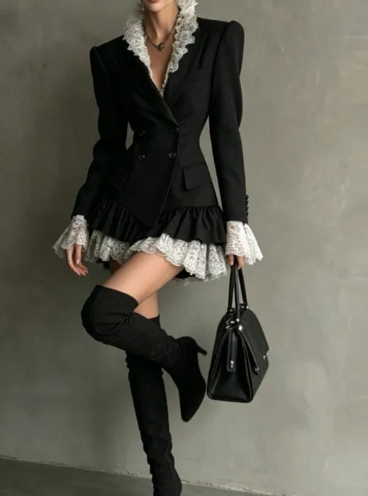 Mini Dress – Double Breasted Lapel – Lace Ruffle Silhouette – Polyester | KIMLUD