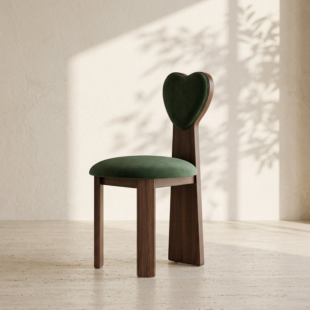 Green chair with heart-shaped backrest on a neutral background, featuring MEA Chair brand.