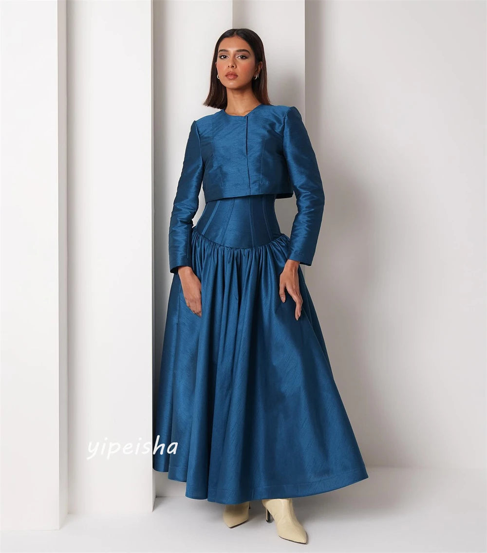 Draped Satin Evening Dress - Built-In Bra - A-Line Silhouette - O-Neck | KIMLUD