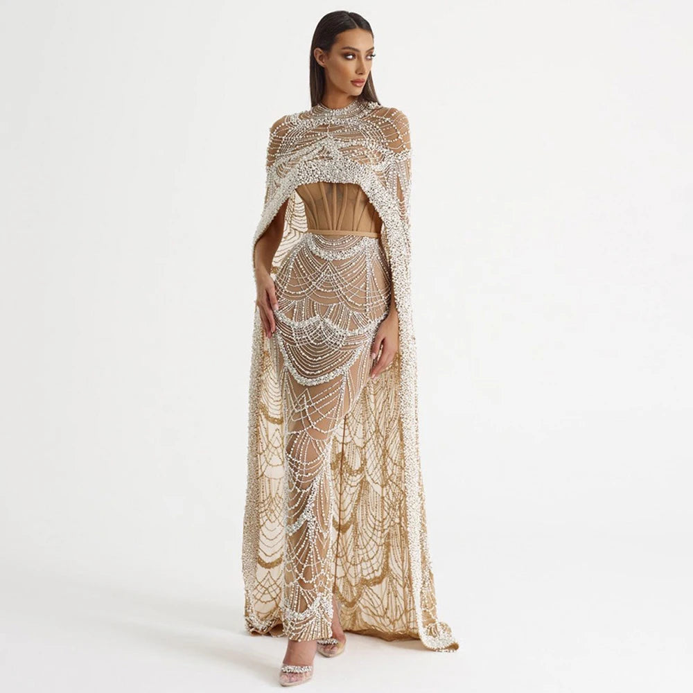 Beaded Gown With Mermaid Cape — Dubai Nude | KIMLUD