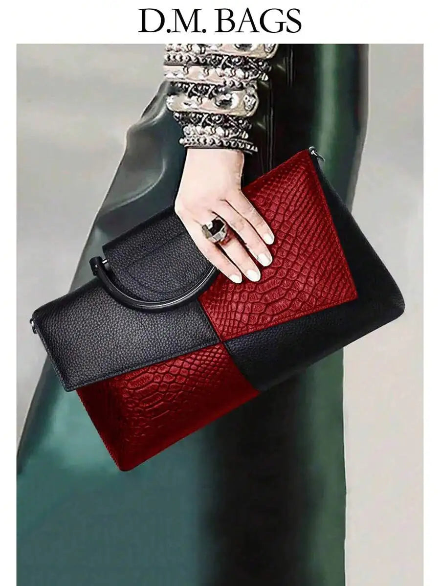 Black PU Croc-Texture Patchwork Clutch with Top Handle for Evening Events