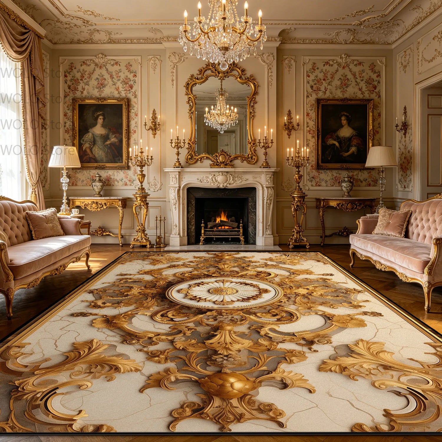 Luxurious Rococo Geometric Area Rug — Gold | KIMLUD