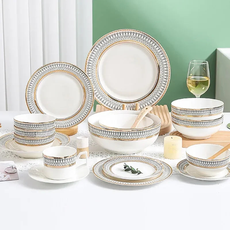 Ceramic Dinner Plates Golden Bead Trim — White | KIMLUD