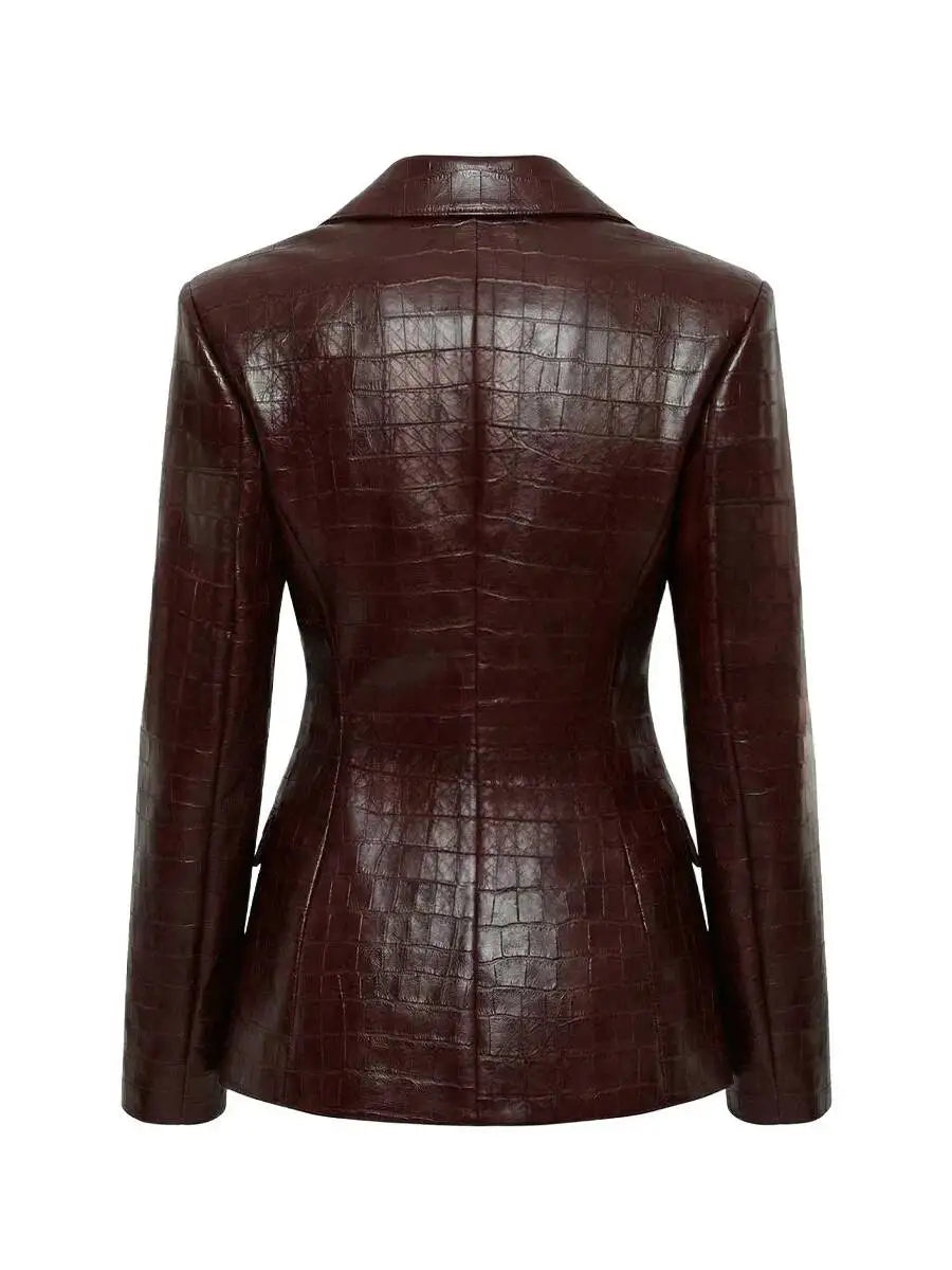 2 Piece Suit Set – Slim Blazer – Croc Faux Leather – Burgundy | KIMLUD