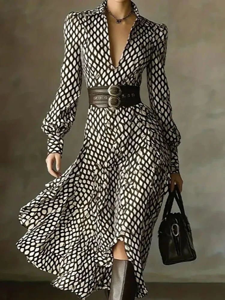 Spring and summer new style lapel print women's long sleeved dress diamond grid waist casual and comfortable dress