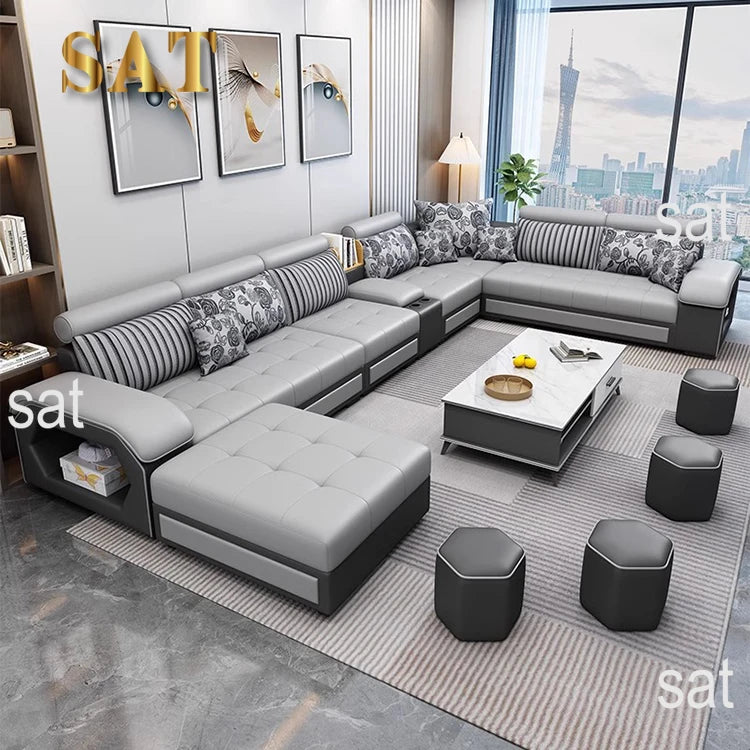 U-Shaped Fabric Sofa Set 7-Seater With Built-In Speakers — Cobalt Blue | KIMLUD