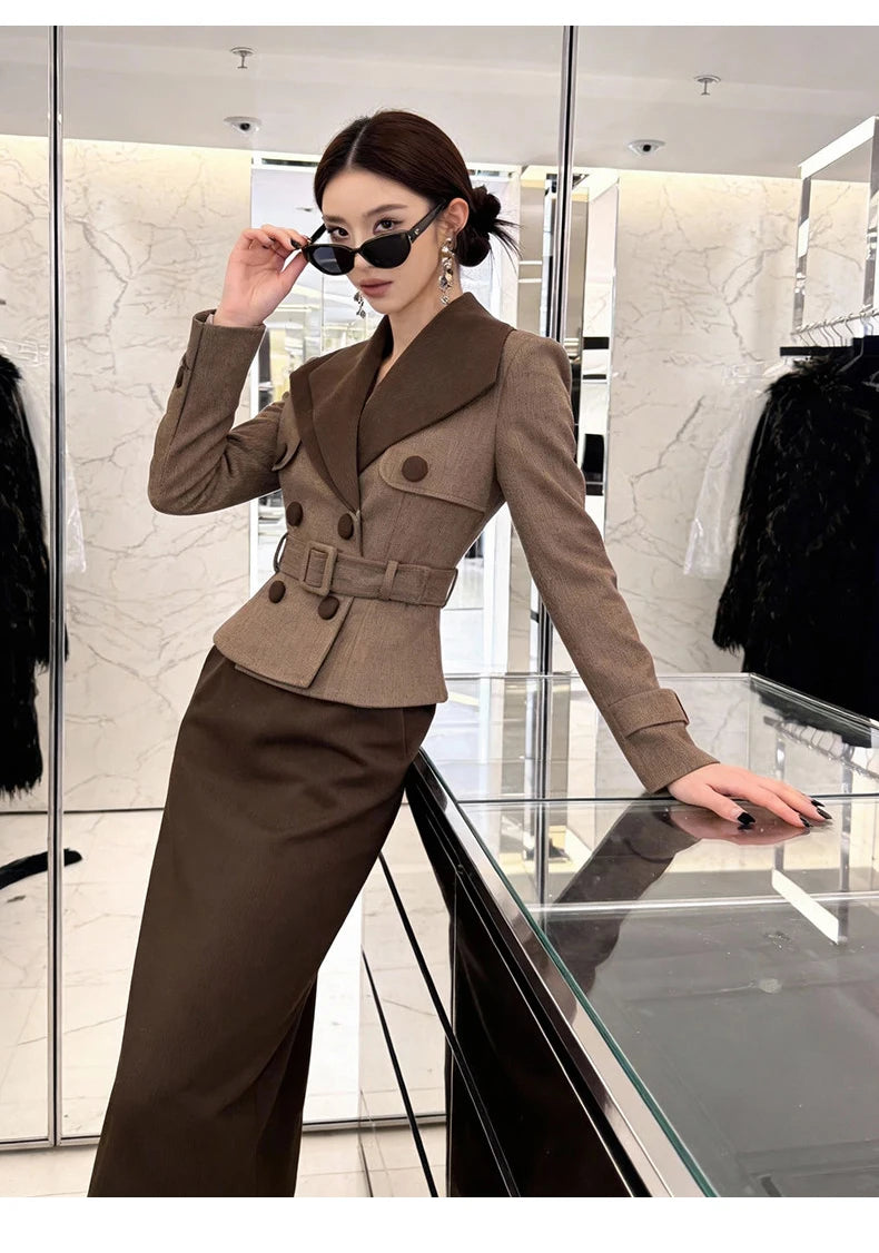 Midi Dress - High Waist Slim Pencil - Polyester - Brown | KIMLUD