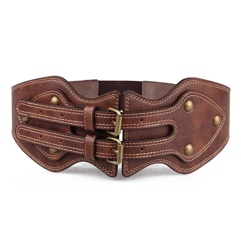 Wide Elastic Belts Leather Double Needle Buckle — Black | KIMLUD