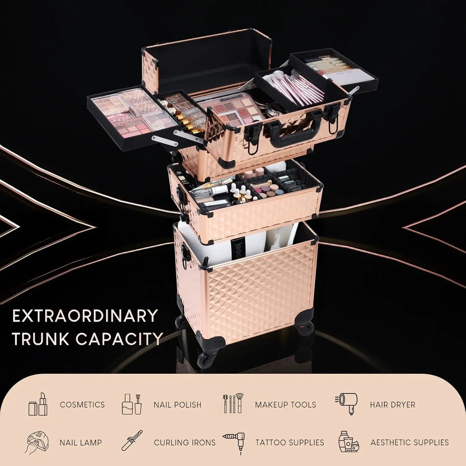 Rolling Makeup Train Case 3 in 1 Professional Cosmetic Trolley Large Storage keys Wheels Case Cart Trunk for Make Up Nail Tech