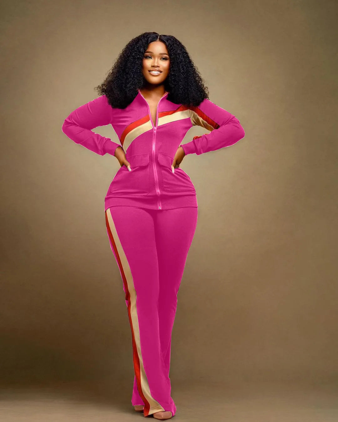 Custom LOGO Spring  Women's Sports Casual Fashion Color-matching Pocket Lapel Zipper Top Straight Pants Two-piece Set S-4XL