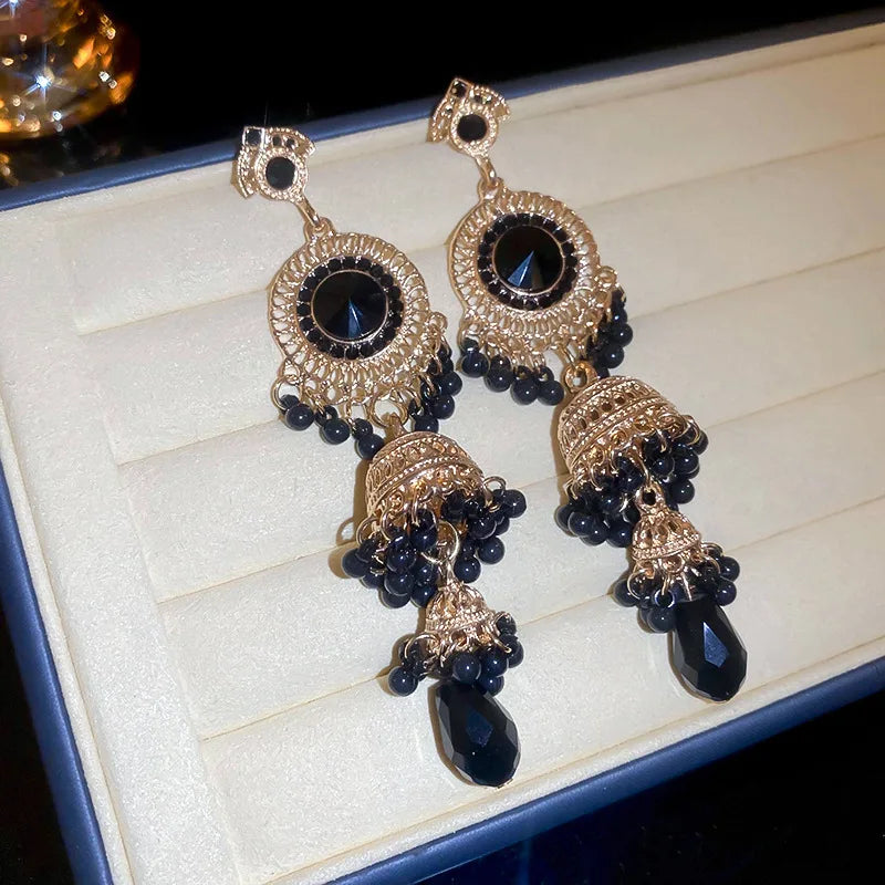 Crystal Water Drop Clip Earrings Round Rhinestones — Vintage Blue | KIMLUD