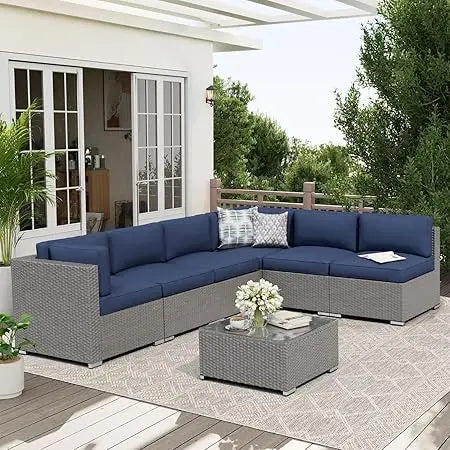 Rattan Outdoor Sofa Set 7-Piece With Glass Top Table — Red | KIMLUD