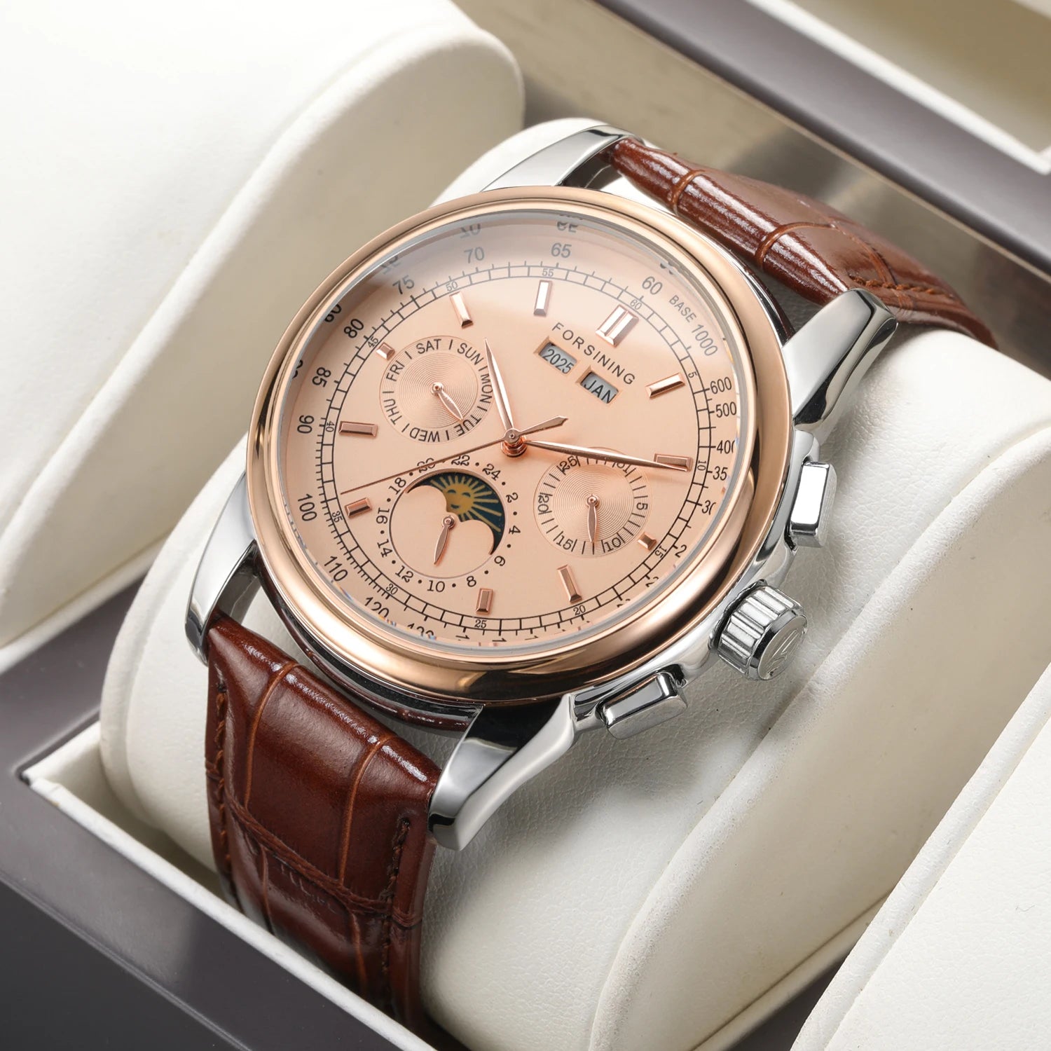 Leather Moon Phase Automatic Watch — Rose Gold | KIMLUD