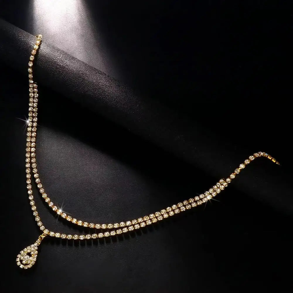 Belly Chain – Double Chain Water Drop – Rhinestone – Silver | KIMLUD