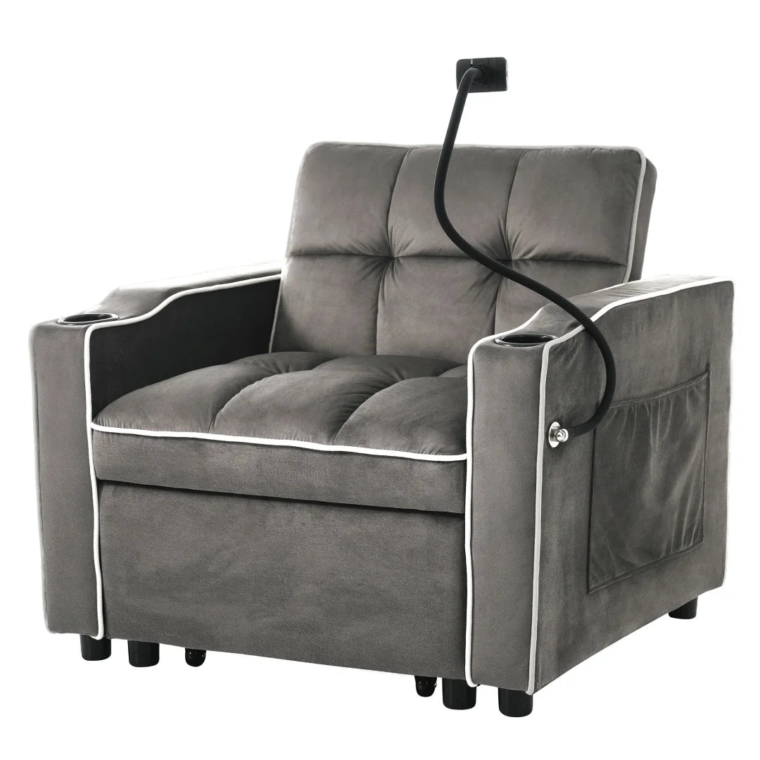 Fabric 3-in-1 Sofa Bed With Beverage Rack And Phone Holder And Recliner — Slate Gray | KIMLUD