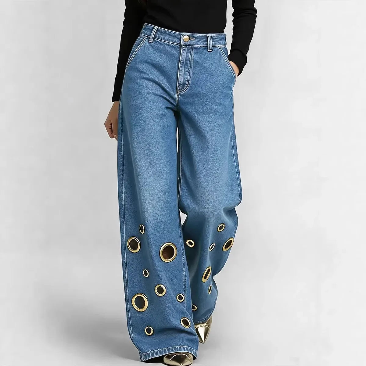 Elegant Wide Leg Casual Pants Broadcloth — Blue | KIMLUD