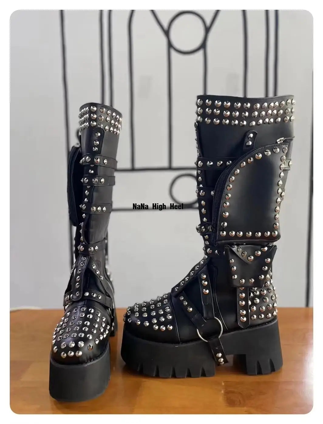 Microfiber Knee-High Platform Boots Rivet-Embellished Shaft — Black | KIMLUD