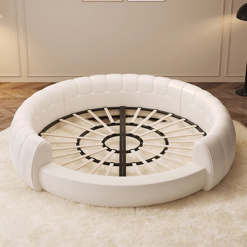 Leather Round Bed Queen Size, Modern Minimalist European Style, Pearlescent Leather Finish — Black | KIMLUD