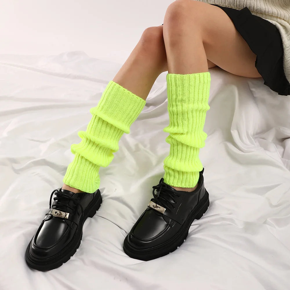 Knit Socks Neon Ribbed Leg Warmers — Black | KIMLUD