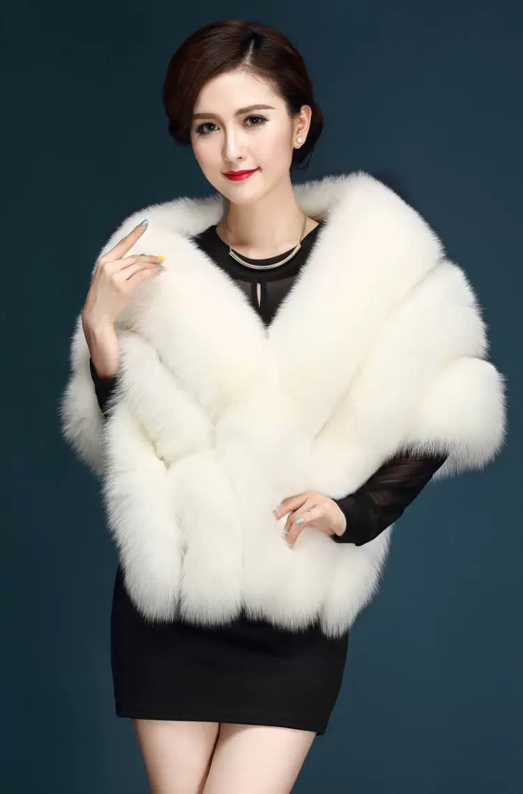 No. 19-Fall and Winter Bride Imitation Fox Fur Shawl Wedding Cloak Dress and Cheongsam Fur Cape Coat White Thick Women