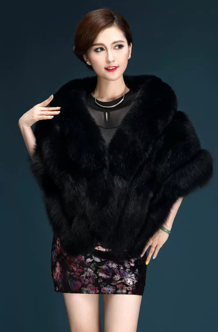 No. 19-Fall and Winter Bride Imitation Fox Fur Shawl Wedding Cloak Dress and Cheongsam Fur Cape Coat White Thick Women