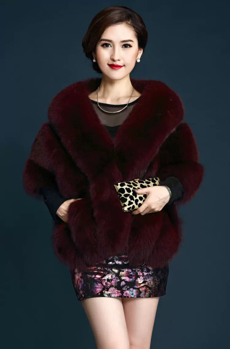 No. 19-Fall and Winter Bride Imitation Fox Fur Shawl Wedding Cloak Dress and Cheongsam Fur Cape Coat White Thick Women