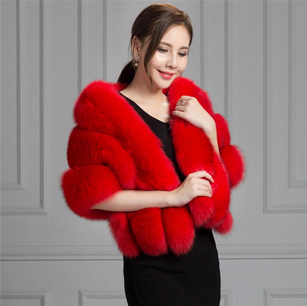 No. 19-Fall and Winter Bride Imitation Fox Fur Shawl Wedding Cloak Dress and Cheongsam Fur Cape Coat White Thick Women