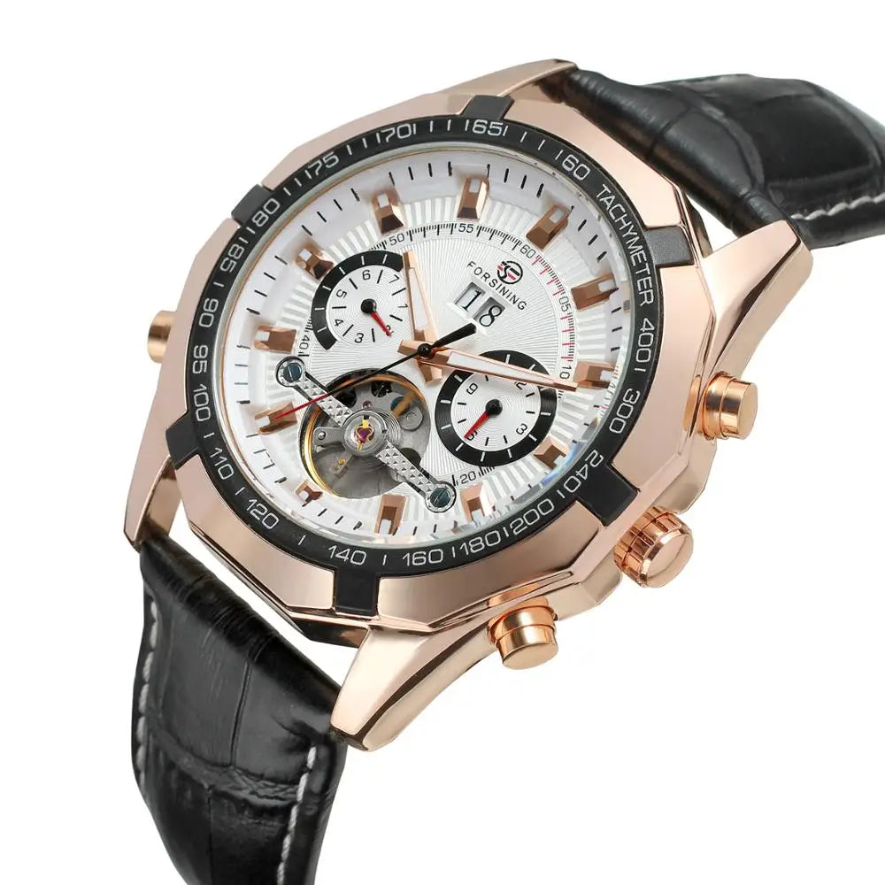 Leather Mechanical Tourbillon Watch — Black | KIMLUD