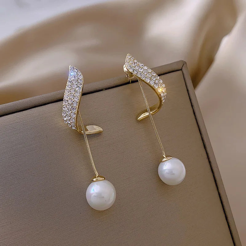 Imitation Pearl Drop Earrings Long Tassel — Crystal | KIMLUD