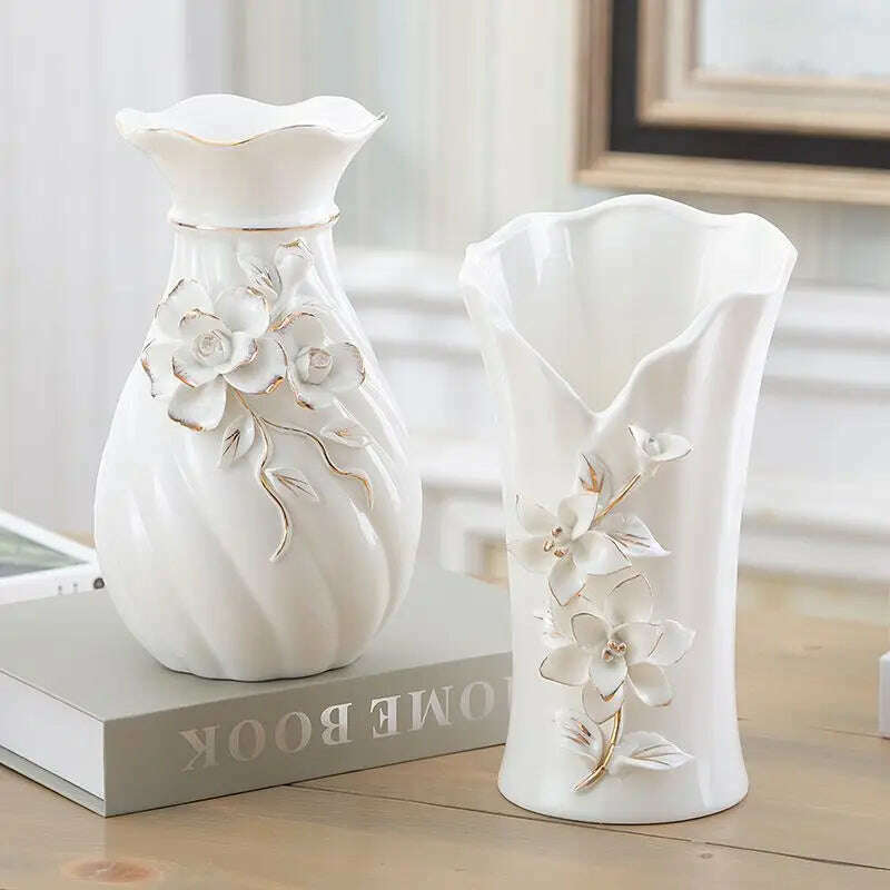 A pair of Nordic style small vases, simple white ceramic ornaments, living room, European style flower decorations, 2 pieces - KIMLUD