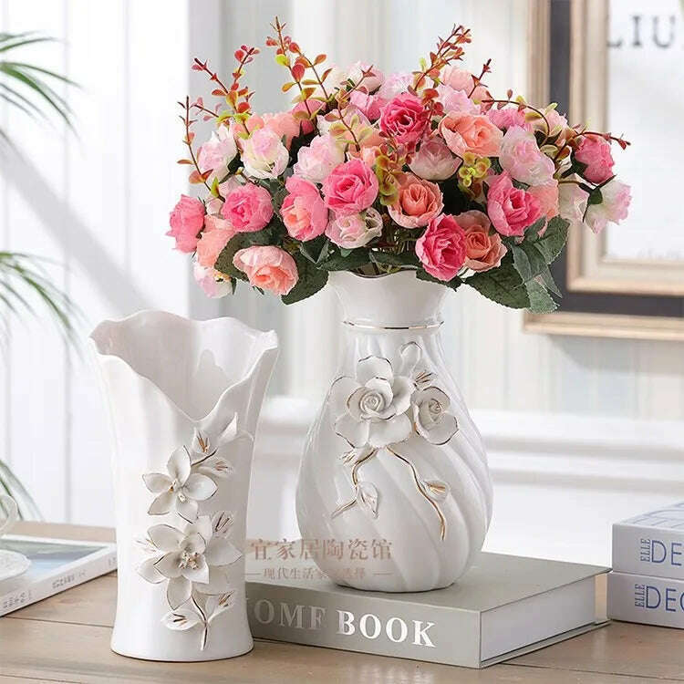 A pair of Nordic style small vases, simple white ceramic ornaments, living room, European style flower decorations, 2 pieces - KIMLUD