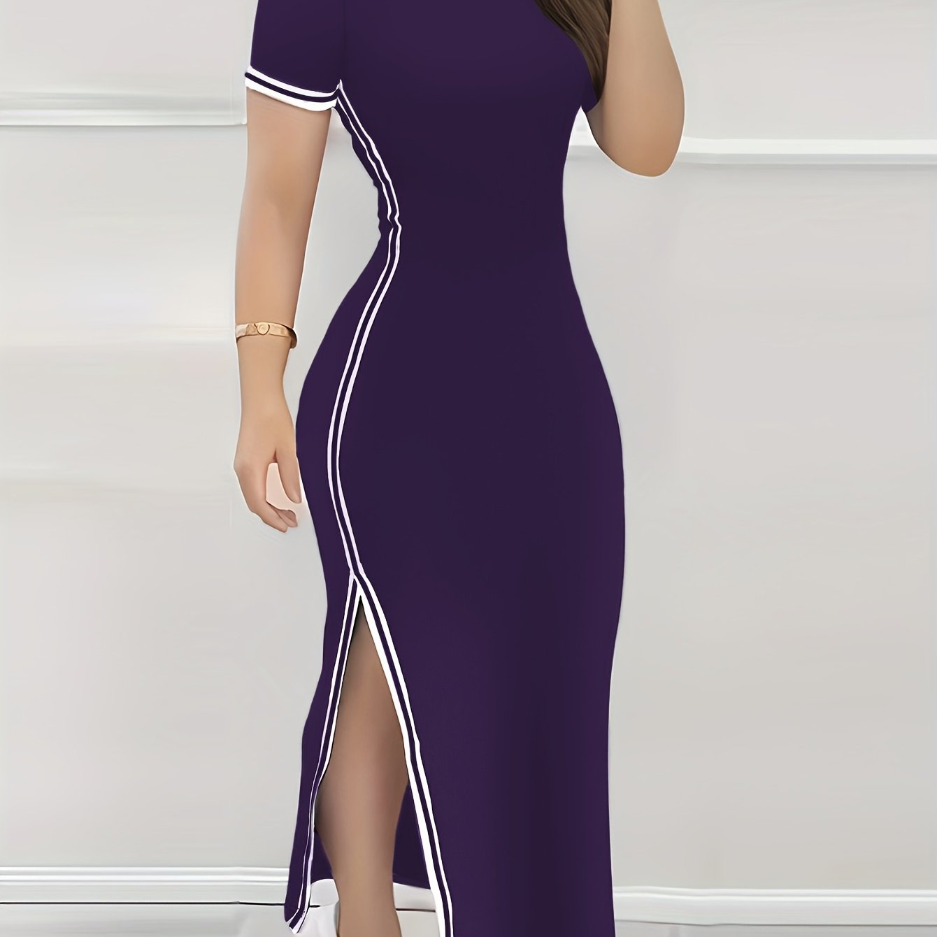 Contrast Trim Split Hem Bodycon Dress, Elegant Crew Neck Short Sleeve Dress For Spring & Summer, Women's Clothing