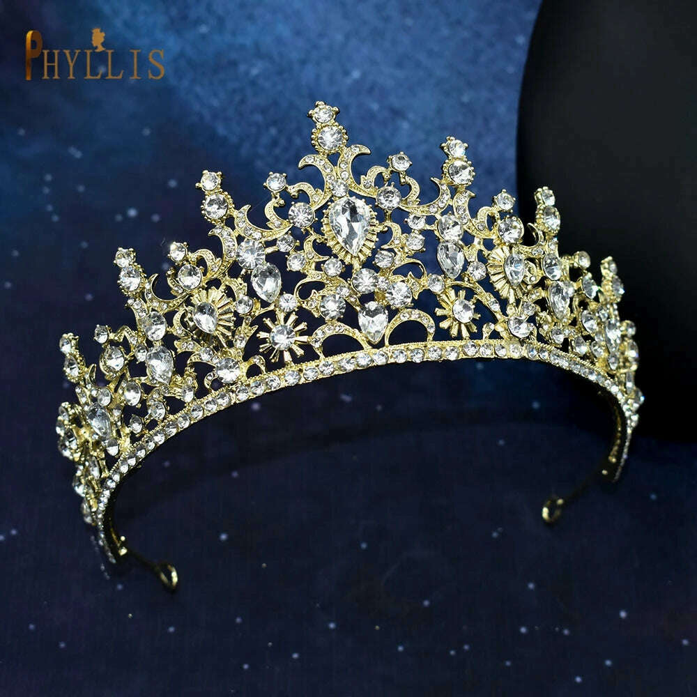 KIMLUD, A195 Baroque Wedding Headband Crystal Bridal Crowns and Tiaras Hair Jewelry Accessories Women Rhinestone Headwears Queen Diadems, A136-Gold, KIMLUD Womens Clothes