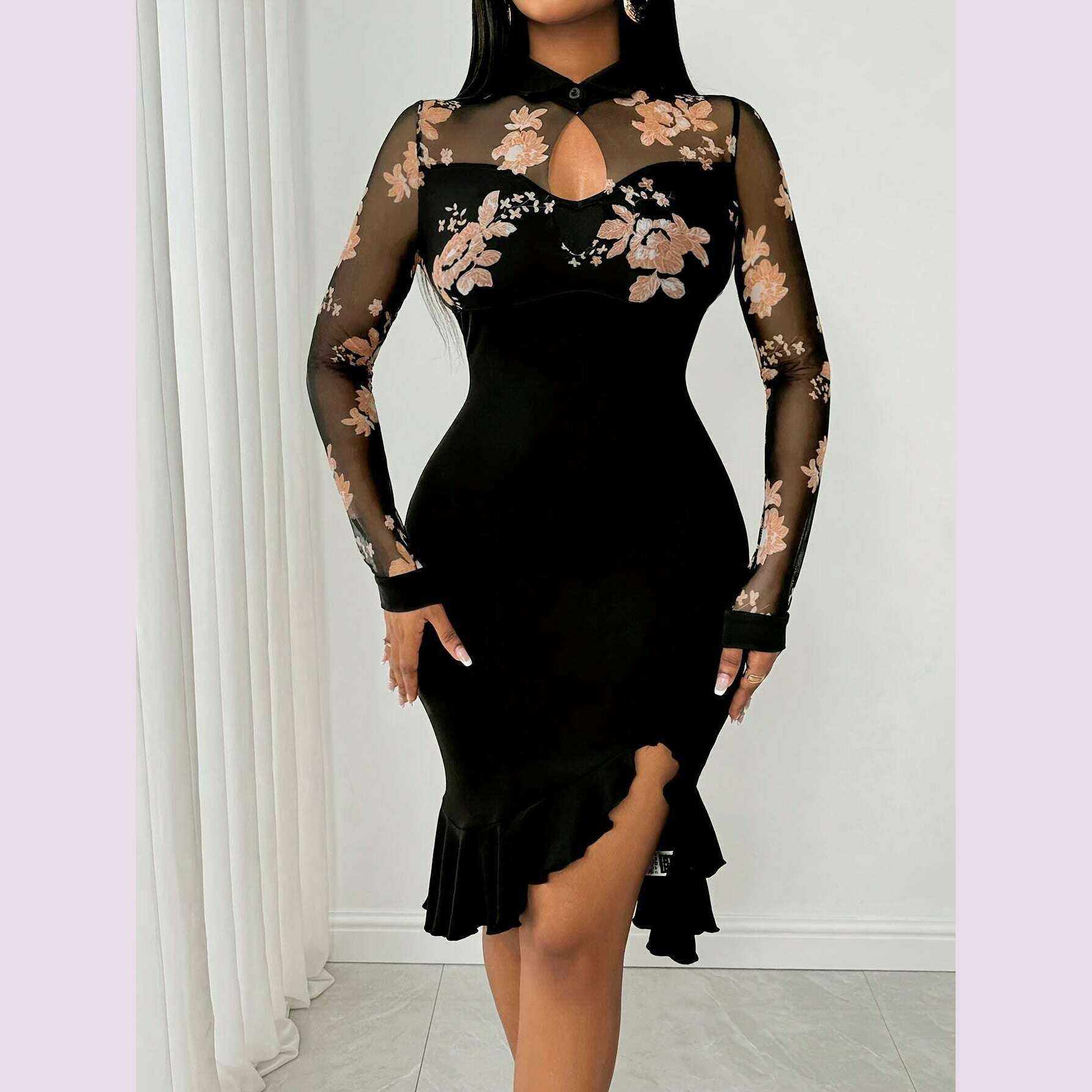 floral-ruffle-bodycon-dress-long-sleeve-black-floral-mesh-panel-ruffle-asymmetrical-hem-bodycon-dress---machine-washable-polyester-blend-party-attirekimlud-womens-fashion-34625739