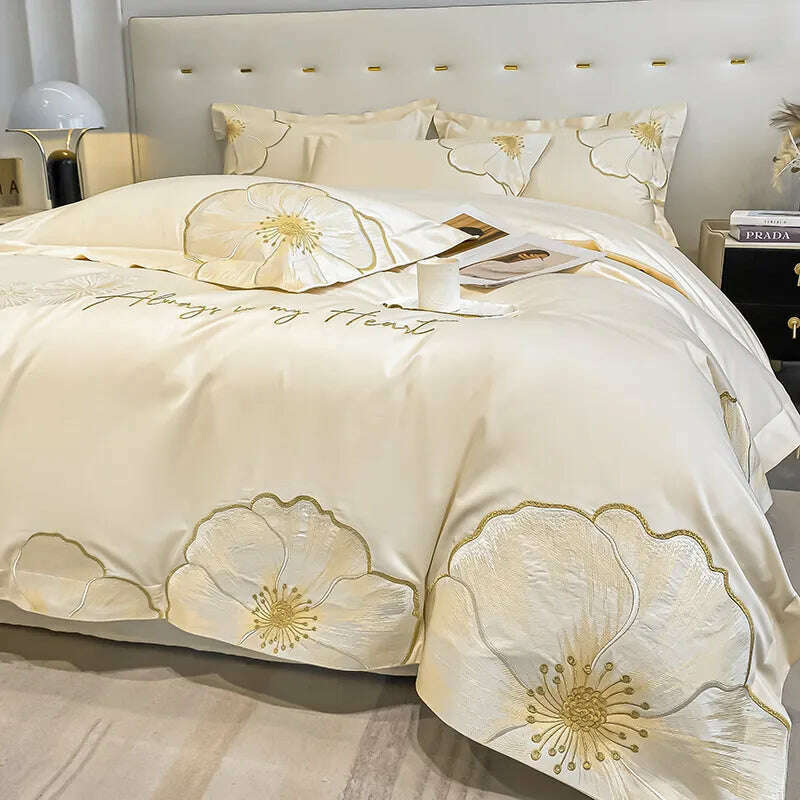 ABAY Bedding set Egyptian cotton Floral embroidery Quilt cover Soft Duvet Cover 200*230 220*240 Elastic bed sheet 180*200cm, KIMLUD Women's Clothes