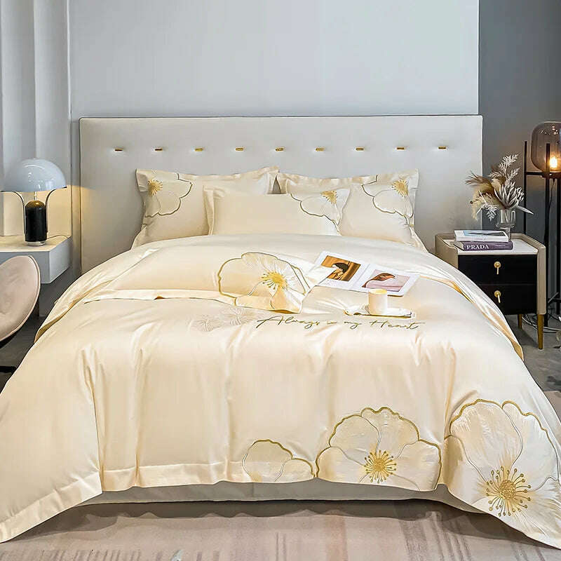 KIMLUD, ABAY Bedding set Egyptian cotton Floral embroidery Quilt cover Soft Duvet Cover 200*230 220*240 Elastic bed sheet 180*200cm, KIMLUD Womens Clothes