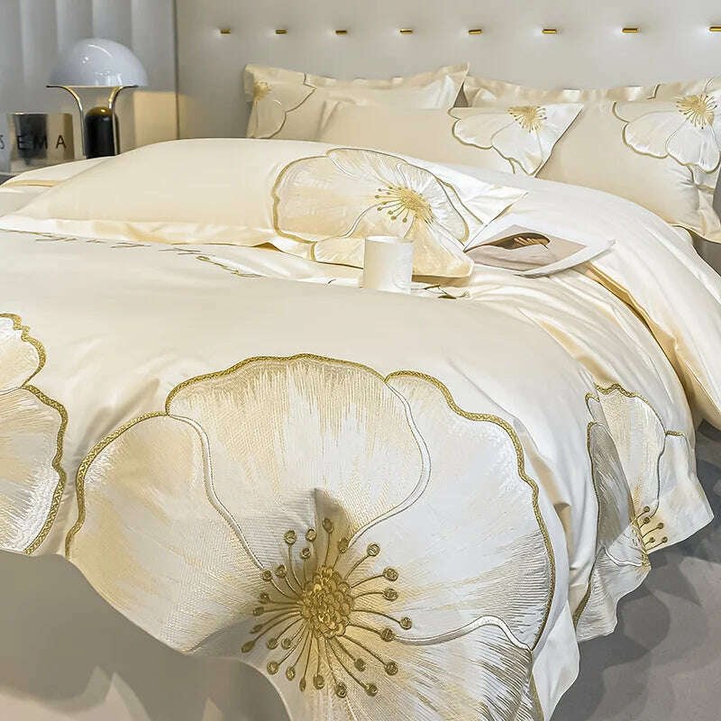 KIMLUD, ABAY Bedding set Egyptian cotton Floral embroidery Quilt cover Soft Duvet Cover 200*230 220*240 Elastic bed sheet 180*200cm, KIMLUD Womens Clothes