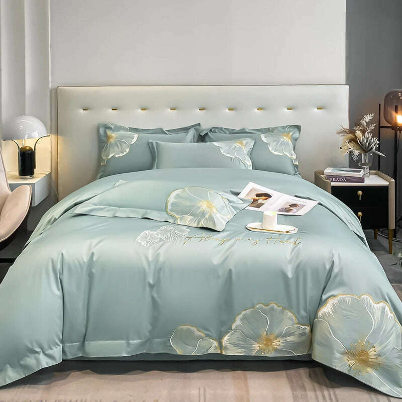 KIMLUD, ABAY Bedding set Egyptian cotton Floral embroidery Quilt cover Soft Duvet Cover 200*230 220*240 Elastic bed sheet 180*200cm, 1 / Queen 4pcs, KIMLUD Womens Clothes