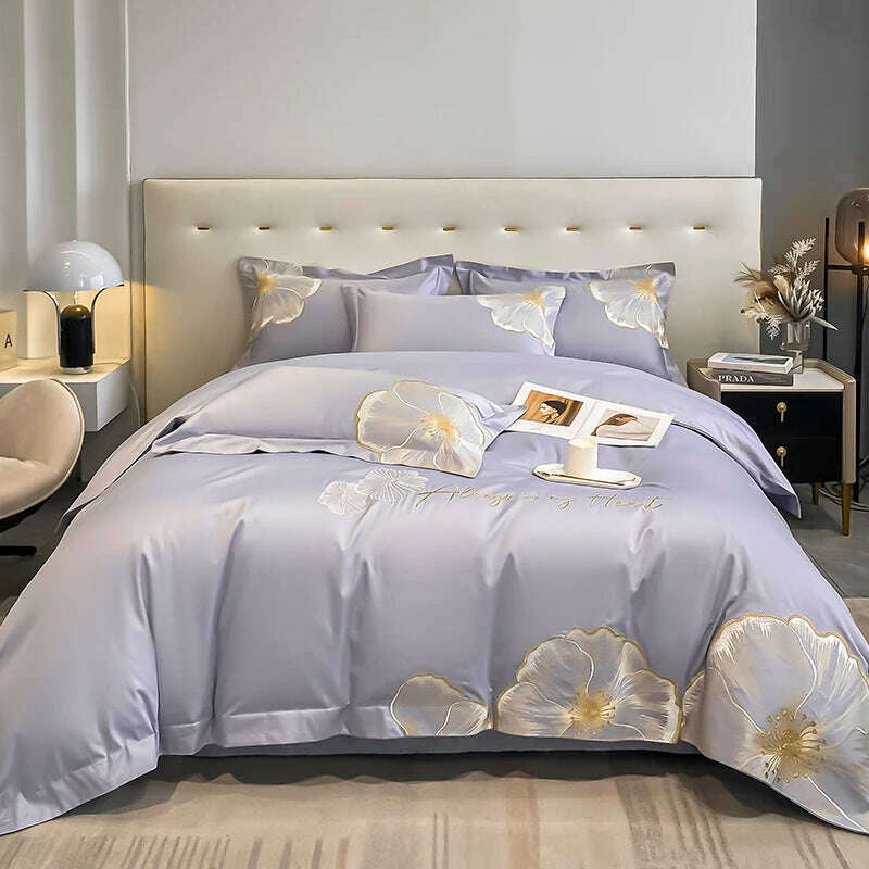 KIMLUD, ABAY Bedding set Egyptian cotton Floral embroidery Quilt cover Soft Duvet Cover 200*230 220*240 Elastic bed sheet 180*200cm, 3 / Queen 4pcs, KIMLUD Womens Clothes