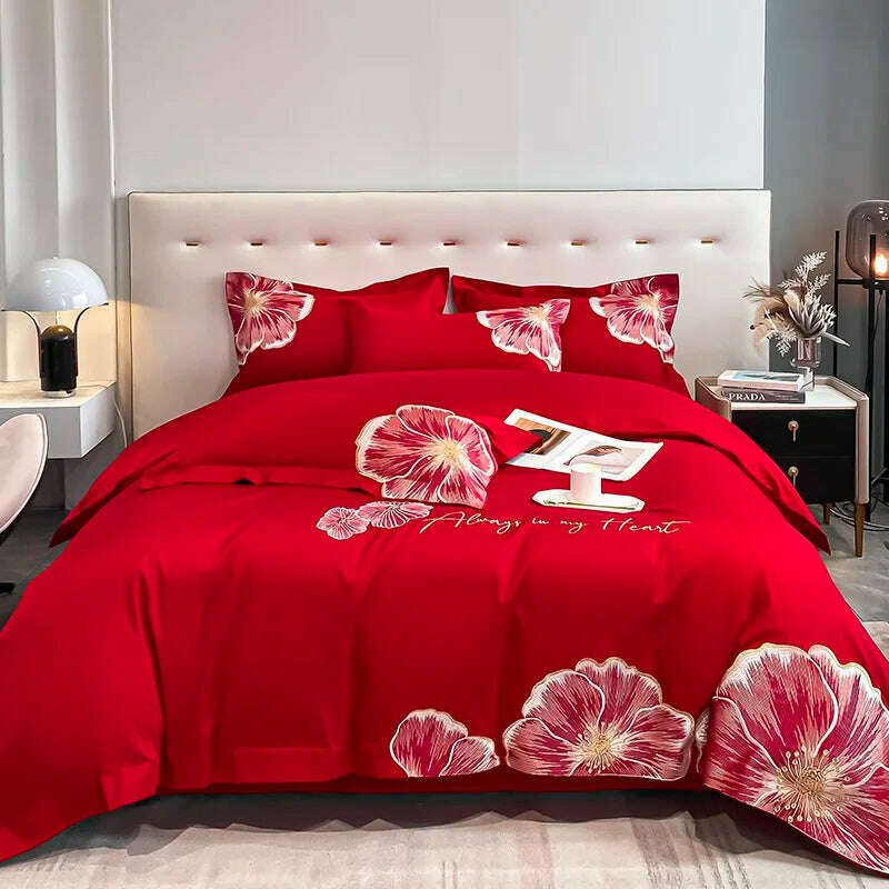KIMLUD, ABAY Bedding set Egyptian cotton Floral embroidery Quilt cover Soft Duvet Cover 200*230 220*240 Elastic bed sheet 180*200cm, 5 / Queen 4pcs, KIMLUD Women's Clothes