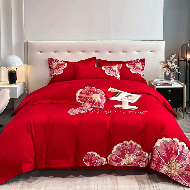 KIMLUD, ABAY Bedding set Egyptian cotton Floral embroidery Quilt cover Soft Duvet Cover 200*230 220*240 Elastic bed sheet 180*200cm, 5 / Queen 4pcs, KIMLUD Womens Clothes