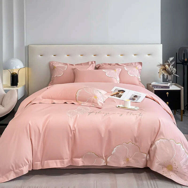 KIMLUD, ABAY Bedding set Egyptian cotton Floral embroidery Quilt cover Soft Duvet Cover 200*230 220*240 Elastic bed sheet 180*200cm, 6 / Queen 4pcs, KIMLUD Womens Clothes