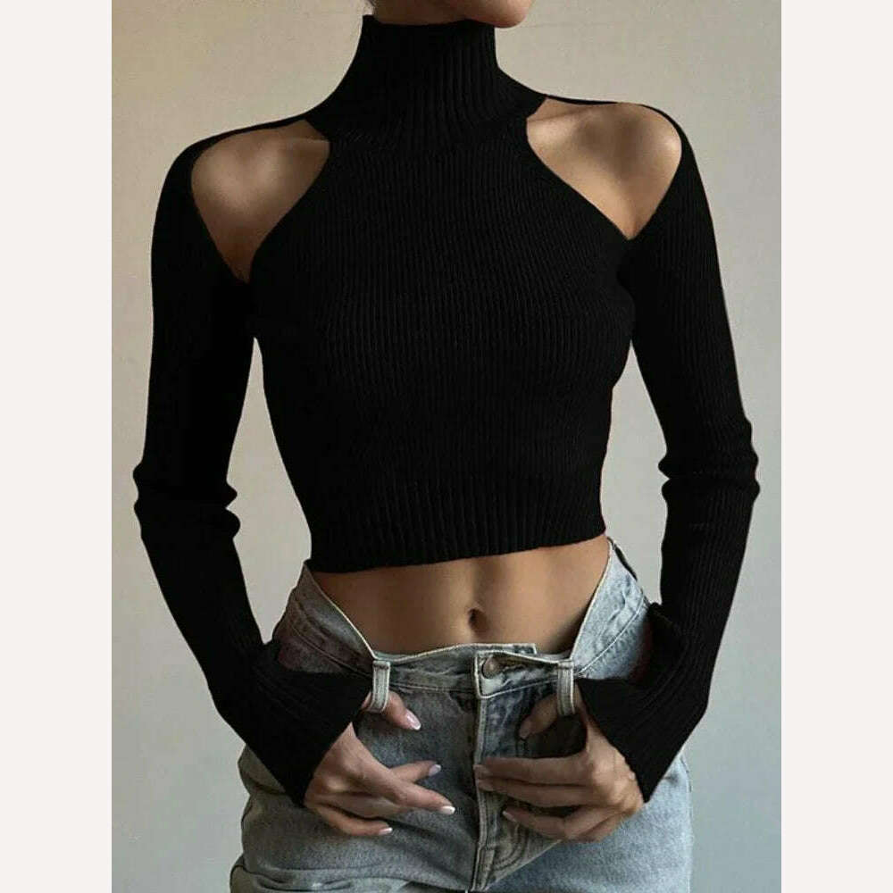 ADAgirl Black Turtleneck Rib Knit T-shirt Women Hollow Out Off Shoulder Crop Top Long Sleeved Jumpers Vintage Undershirt Clothes - KIMLUD
